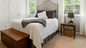 Carpet complements designer primary bedroom.